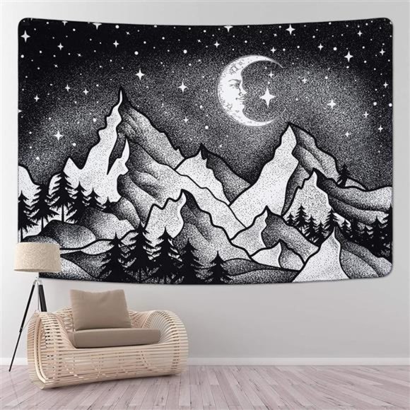 Mountain Moon Tapestry Starry Night Sky Tapestry Black and White - Picture 2 of 7